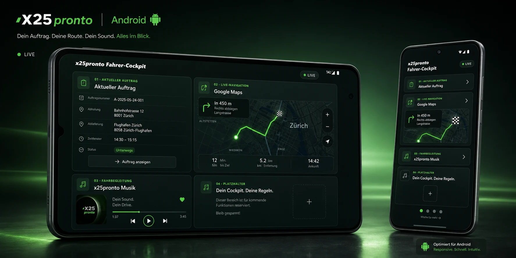 x25pronto Android Fahrer-Cockpit für Kurierpartner mit Auftrag, Live-Navigation, Musik und Erweiterung