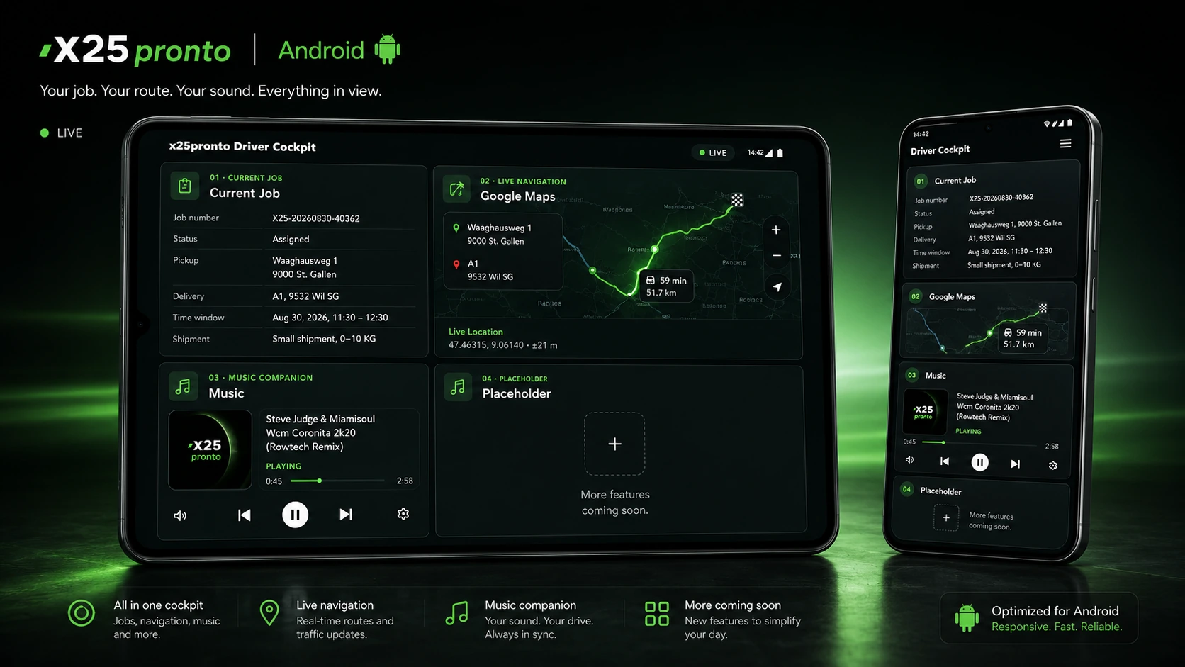 x25pronto Android driver cockpit for courier partners with assignment, live navigation, music and expansion