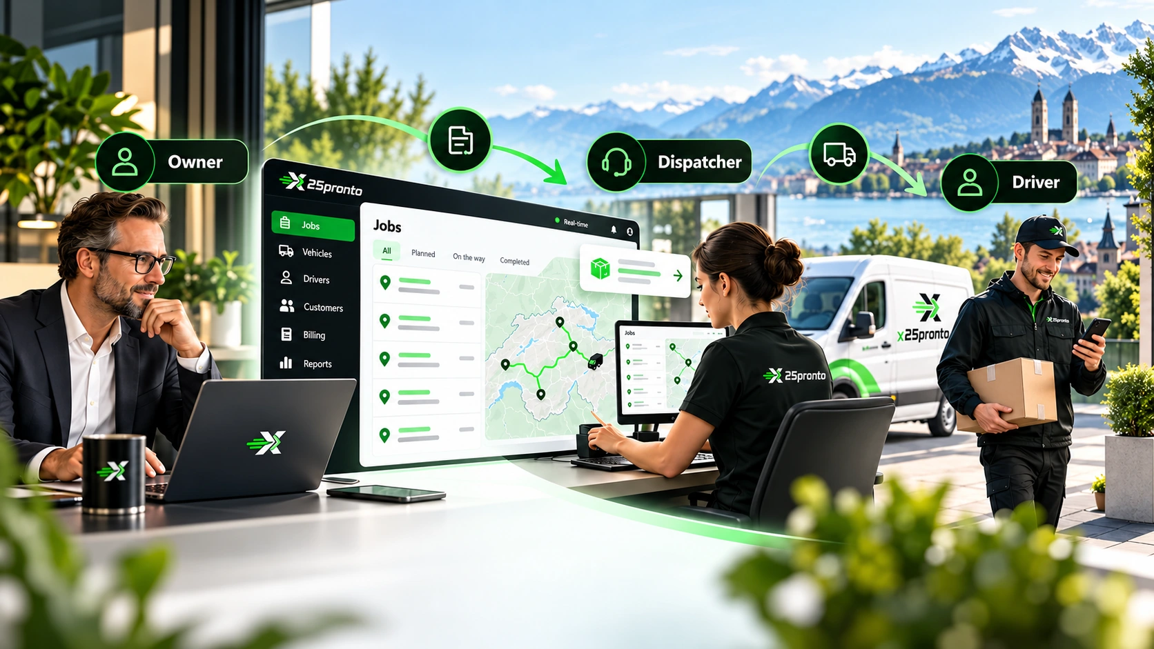 Driver portal team with clear roles for owner, dispatcher and driver