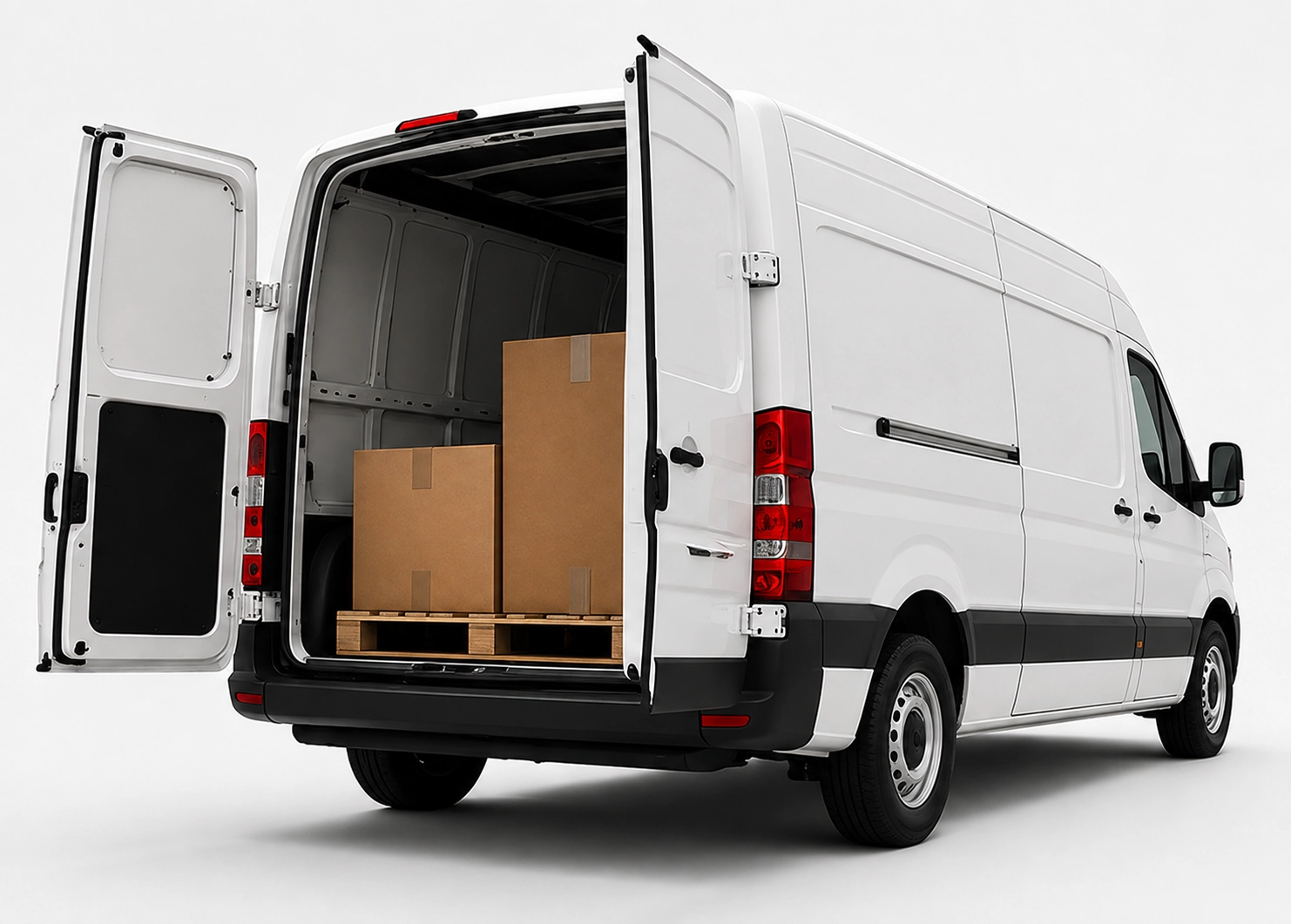 Weisser Transporter mit geöffnetem Laderaum für grössere Kurier- und Warensendungen